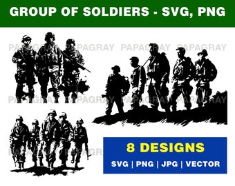 Group of Soldiers SVG Silhouette Pack - 8 Designs | Digital Download | Army Vector, Military Graphic, Soldier PNG Cut File