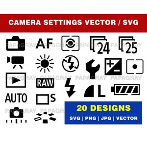 Camera Settings SVG Pack - 20 Designs | Digital Download | Photographer Vector SVG, Photography Graphic PNG, Camera Vector