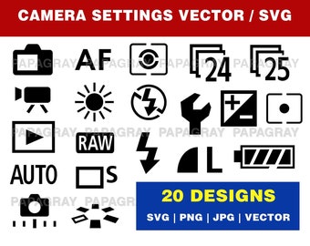 Camera Settings SVG Pack - 20 Designs | Digital Download | Photographer Vector SVG, Photography Graphic PNG, Camera Vector