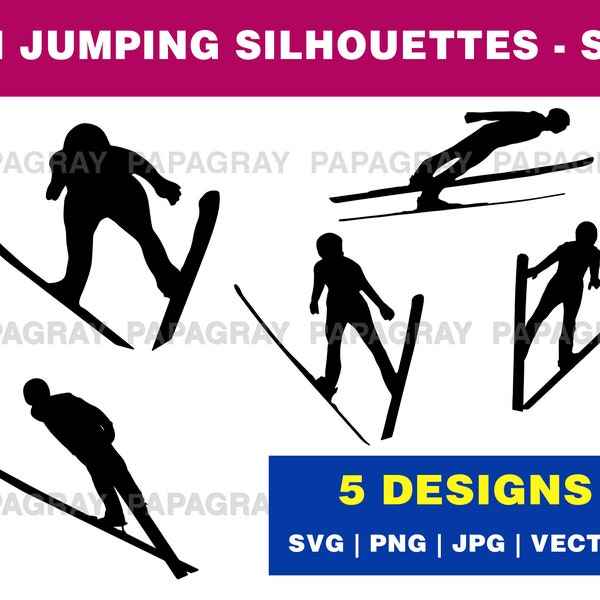 Ski Jumping Silhouette Pack - 5 Designs | Digital Download | Nordic Ski Jumping SVG, Winter Sport Vector, Nordic Skiing PNG