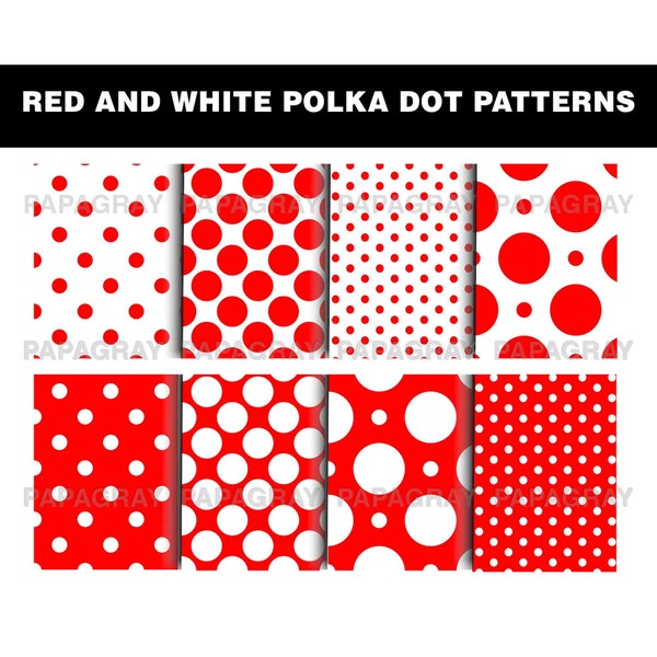 Rote und weiße Tupfenmuster - 8 Designs | Digitaler Download | 300 DPI | Nahtloses digitales Papier, Polka-Dot-Digital-Muster