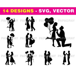 Romantic Couple SVG Silhouette Vector Bundle - 14 Designs | Digital Download | Valentines Day Silhouette, Husband and Wife, SVG Cut File