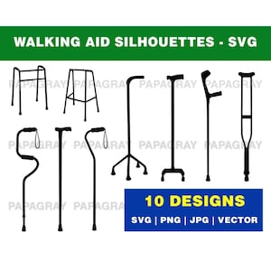 Walking Aid SVG Pack - 10 Designs | Digital Download | Crutches Vector, Walking Frame, Walking Stick Graphic, Mobility Svg