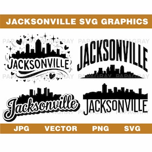 Ensemble d'illustrations vectorielles SVG Skyline de Jacksonville - 7 modèles | Téléchargement numérique | Vecteur de l'état de Floride, USA, silhouette de la ville, fichier de coupe SVG