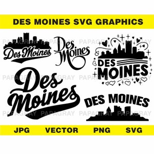 Ensemble d'illustrations vectorielles SVG Skyline de Des Moines - 7 modèles | Téléchargement numérique | Silhouette de l'Iowa, fichier de coupe SVG, jeu d'illustrations de paysage urbain USA
