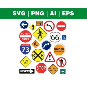 Road Signs SVG Vector Pack - 21 Designs | Digital Download | Highway SVG, Traffic Signs, Stop Sign, Route 66 Sign, Motorway Vector Graphics