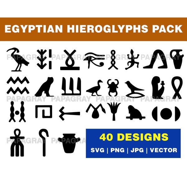 Pack de hiéroglyphes égyptiens - 40 modèles | Téléchargement numérique | SVG égyptien, ensemble de vecteurs de hiéroglyphes, symboles égyptiens, lettres égyptiennes