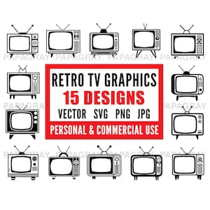 15 Retro Fernseher Silhouette Set Grafiken | Digitaler Download | Vintage Fernsehen SVG, Antike TV Clipart, Old-School TV Illustrationen