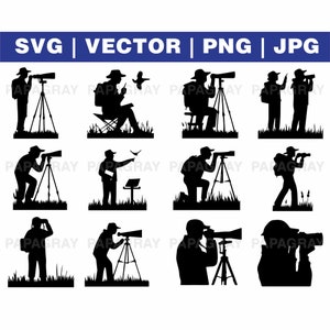 Pacote de silhuetas SVG para observação de pássaros - 12 designs | Download Digital | Vetor de observação de pássaros, gráfico de arquivo de corte de observação de aves, ornitologia