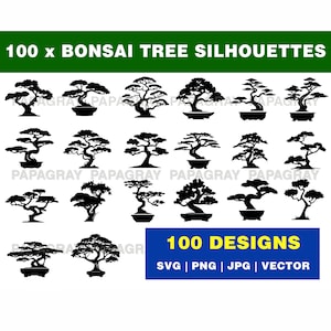 Bonsai Tree Silhouette Pack - 100 Designs | Digital Download | Bonsai Tree SVG, Tree Silhouette MEGA PACK, Bonsai Tree Vector