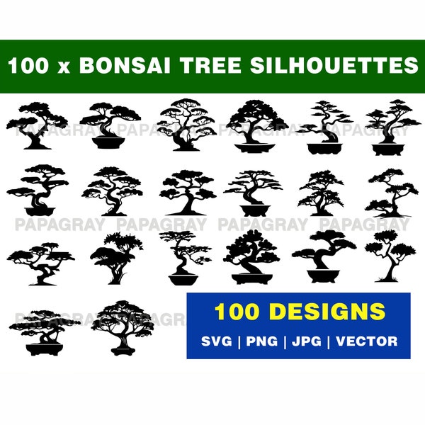 Bonsai Tree Silhouette Pack - 100 Designs | Digital Download | Bonsai Tree SVG, Tree Silhouette MEGA PACK, Bonsai Tree Vector