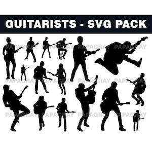 Gitarist Silhouette Pack - 16 ontwerpen | Digitale download | Gitaar SVG, Gitarist PNG, Gitarist Vector, Gitaar Speler Vector, Gitaar Svg