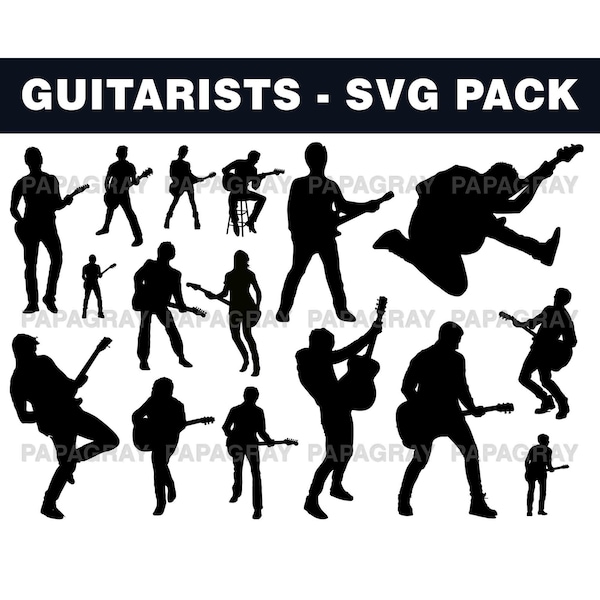 Guitarist Silhouette Pack - 16 Designs | Digital Download | Guitar SVG, Guitarist PNG, Guitarist Vector, Guitar Player Vector, Guitar Svg