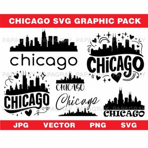 Pacote de gráficos vetoriais SVG do horizonte de Chicago - 9 designs | Download digital | Silhueta de Illinois, arquivo de corte SVG, conjunto de ilustrações de paisagens urbanas dos EUA