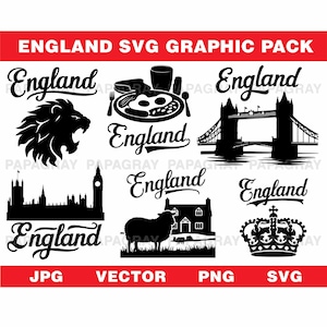 England SVG Vector Graphic Bundle - 8 Designs | Digital Download | English Silhouette, SVG Cut File, British Illustrations, United Kingdom