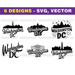 Pacote de gráficos vetoriais SVG do horizonte de Washington DC - 6 designs | Download digital | Silhueta do horizonte da cidade, arquivo de corte SVG, Estados Unidos