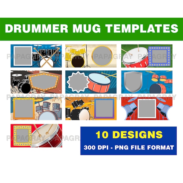 Drummer-moksjablonen - 10 ontwerpen | Digitale download | Drumming Cup-sublimatie, Drumkit Mok Fotosjabloon, Drummer Sublimatie PNG