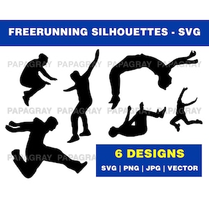 Freerunning Silhouette Pack - 6 Designs | Digitaler Download | Freerunning SVG, akrobatischer laufender Vektor, Parkour SVG, Klettern, Voltigieren