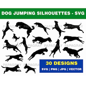 Paquete SVG de silueta de perro saltando: 30 diseños / Descarga digital / Vector de perro saltando, Vector de silueta de perro, Gráfico de perro saltando en el aire