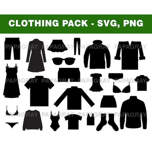 Pack de silhouettes de vêtements - 26 modèles | Téléchargement numérique | Vêtements SVG, formes de vêtement PNG, vêtements contours Jpg, fichiers de coupe de vêtements