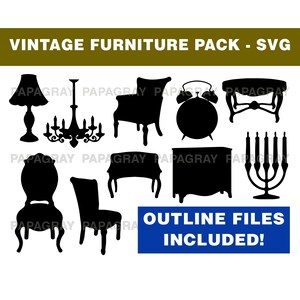 Vintage Furniture Silhouette Pack - 15 Designs | Digital Download | Vintage Furniture Vector, Old Furniture Svg, Chair, Bookcase, Lights Svg