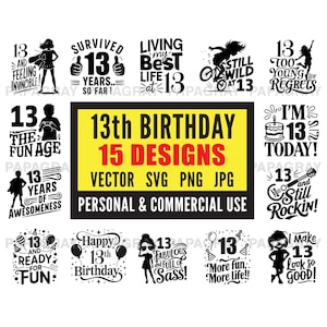 Pacote de vetores SVG de 13º aniversário - 15 designs | Download digital | Citações de décimo terceiro aniversário, ilustração gráfica de comemoração de 13 anos