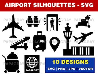 Airport Silhouette Pack - 10 Designs | Digital Download | Airport SVG, Airfield PNG, Aerodrome Vector, Runway, Airplane Vector, Aeroplane