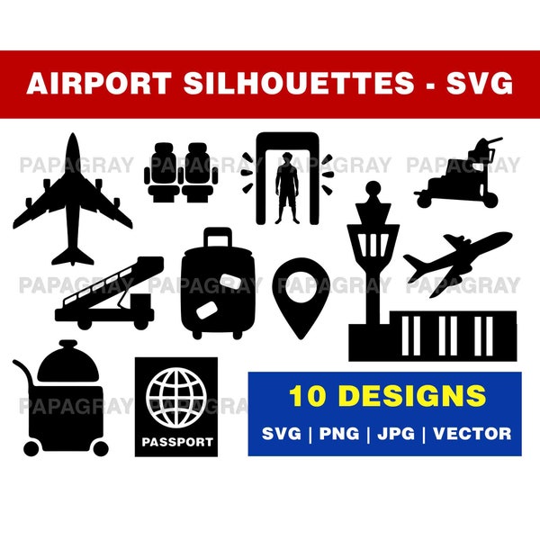 Airport Silhouette Pack - 10 Designs | Digital Download | Airport SVG, Airfield PNG, Aerodrome Vector, Runway, Airplane Vector, Aeroplane