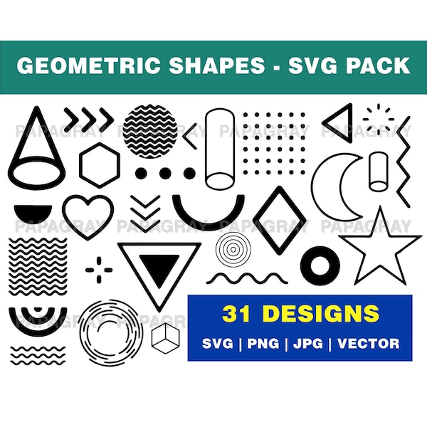 Geometric Shapes SVG Silhouette Pack - 31 Designs | Digital Download | Geometric PNG, Geometric Vector Graphic, Geometric SVG