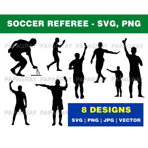 Fußball-Schiedsrichter Silhouette SVG-Pack - 8 Designs | Digitaler Download | Fußball-Schiedsrichter-Vektorgrafik, PNG-Grafik für Fußball-Schiedsrichter, SVG für Fußball-Schiedsrichter