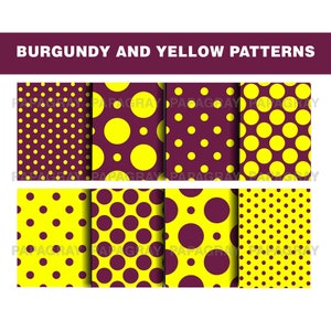 Burgundy and Yellow Polka Dot Patterns - 8 Designs | Digital Download | 300 DPI | Seamless Digital Paper, Polka Dot Digital Pattern