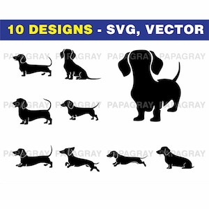 Teckel hond SVG-silhouetset - 10 ontwerpen | Digitale download | Teckel SVG, silhouet honden gesneden bestanden, teckel hond clipart