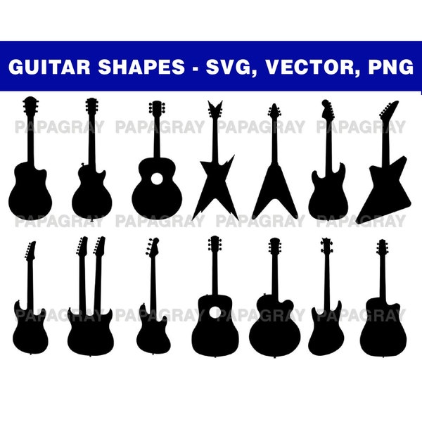 20 Guitar SVG, PNG, Vector - Guitar Silhouette Pack | Digital Download | Guitar Shape SVG, Bass Guitar Svg, Guitar png, Guitar Silhouette