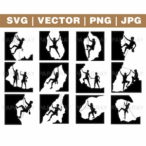 Rotsklimmen SVG-silhouetpakket - 20 ontwerpen | Digitale download | Bergbeklimmingsvector, klifbeklimming gesneden bestandsafbeelding, gratis klimmen