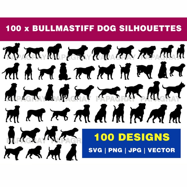 Bullmastiff Dog Silhouette Pack - 100 Designs | Digital Download | Bullmastiff SVG, Dog Silhouette MEGA PACK, Bullmastiff Dog Vector