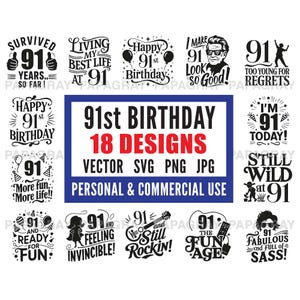 SVG-vectorbundel 91e verjaardag - 18 ontwerpen | Digitale download | Verjaardagscitaten en -afbeeldingen, gesneden bestanden van eenennegentigste verjaardag illustraties