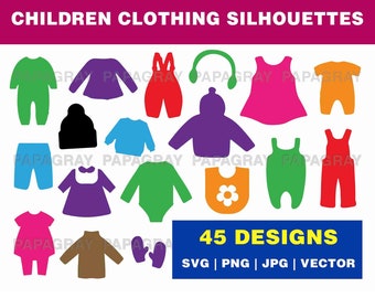 Children Clothing Silhouette SVG Pack - 45 Designs | Digital Download | Kids Clothing Vector, Clothing Vector Graphic, Kids Clothing Shape