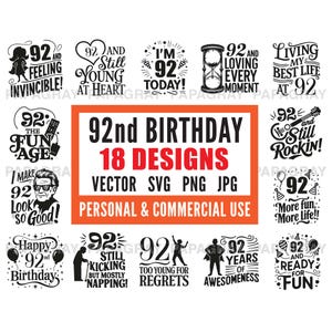 Paquete de vectores SVG del 92.º cumpleaños: 18 diseños/descarga digital/citas y gráficos de cumpleaños, ilustraciones y archivos de corte del noventa y dos.