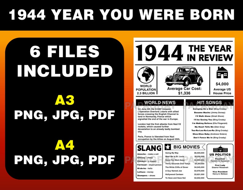 1944 The Year You Were Born PRINTABLE USA Digital Download | Etsy