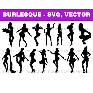 Paquete de siluetas burlescas: 20 diseños / Descarga digital / Paquete de ilustraciones vectoriales de bailarinas burlescas (SVG, PNG y vectores)