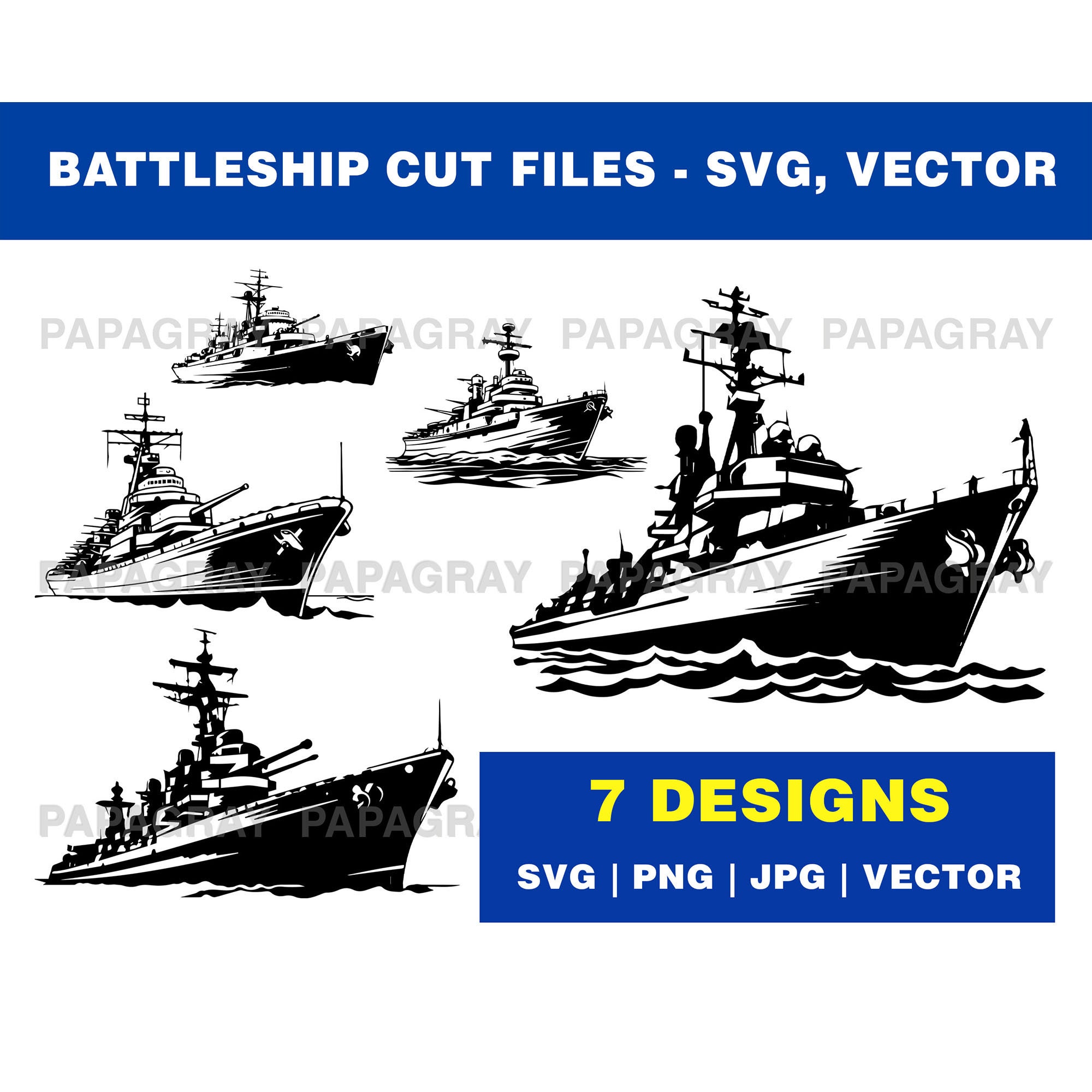 Navy Battleships SVG Cut Files Bundle - 7 Designs | Digital Download | Warship Graphic, Naval Vessel Vector, Battlecruiser Cut File