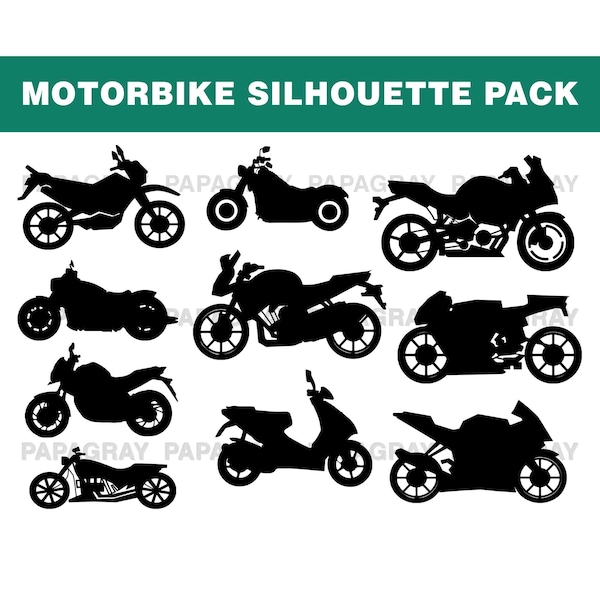 Motorbike Silhouette Pack - 10 Designs | Digital Download | Motorbike SVG, Bike PNG, Motorbike JPG, Motorcycle Graphic, Motorcycle Svg