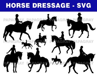 May include: A set of 10 black silhouette SVG cut files of horses and riders in dressage positions.  "HORSE DRESSAGE - SVG" is written in blue at the top of the image.