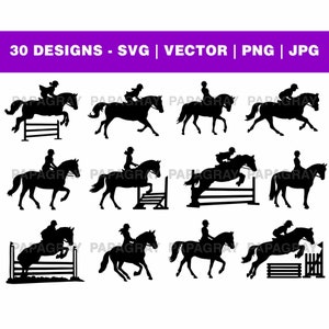 Paquete de gráficos vectoriales SVG de mujer ecuestre: 30 diseños / Descarga digital / SVG de equitación, silueta de mujer ecuestre, caballos hembras PNG