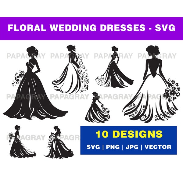 Wedding Dresses Floral SVG Pack - 10 Designs | Digital Download | Marriage Dress Vector, Bridal Gown Graphic, Bride Attire Cut File