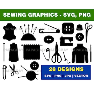 Sewing SVG Graphic Pack - 28 Designs | Digital Download | Sewing Vector, Knitting PNG Graphic, Sewing Graphics, Knitting Elements SVG