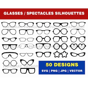 Glasses Spectacles Silhouette Pack SVG - 50 Designs | Digital Download | Eye Glasses PNG, Spectacles Vector, Eye Glasses Shape Graphic