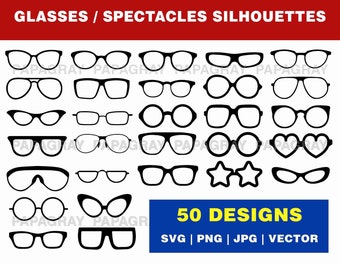 Glasses Spectacles Silhouette Pack SVG - 50 Designs | Digital Download | Eye Glasses PNG, Spectacles Vector, Eye Glasses Shape Graphic