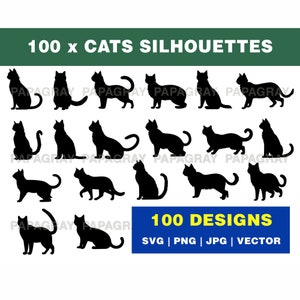 100 Katzen Silhouette Pack | Digitaler Download | Tier Katzen SVG, Katzen Silhouette MEGA PACK, Feline Vektor-Grafiken