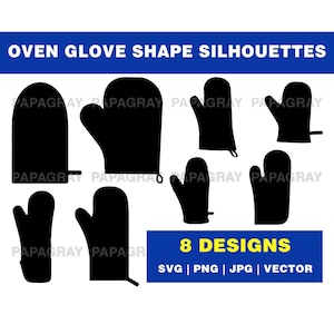 Pacote de silhuetas de luvas de forno SVG - 8 designs | Download digital | Luvas de forno PNG, vetor de luvas de cozinha, gráfico de luvas de cozinha de chef